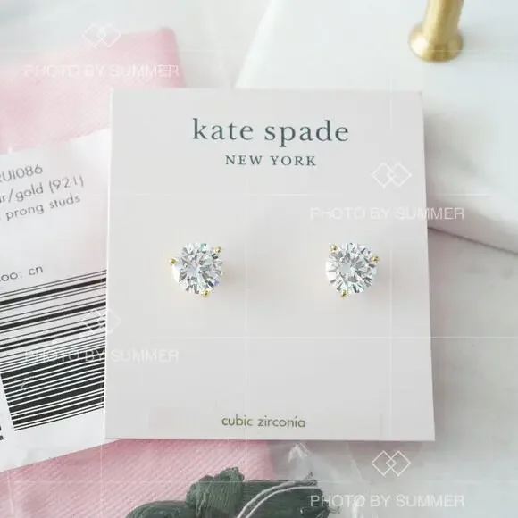 Kate Spade Brilliant Statements Tri prong Stud Earrings Clear Gold - Picture 1 of 6